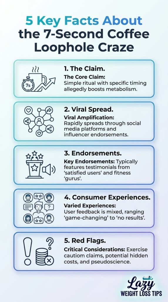 A quick visual overview of the 5 key facts behind the 7-second coffee loophole craze.